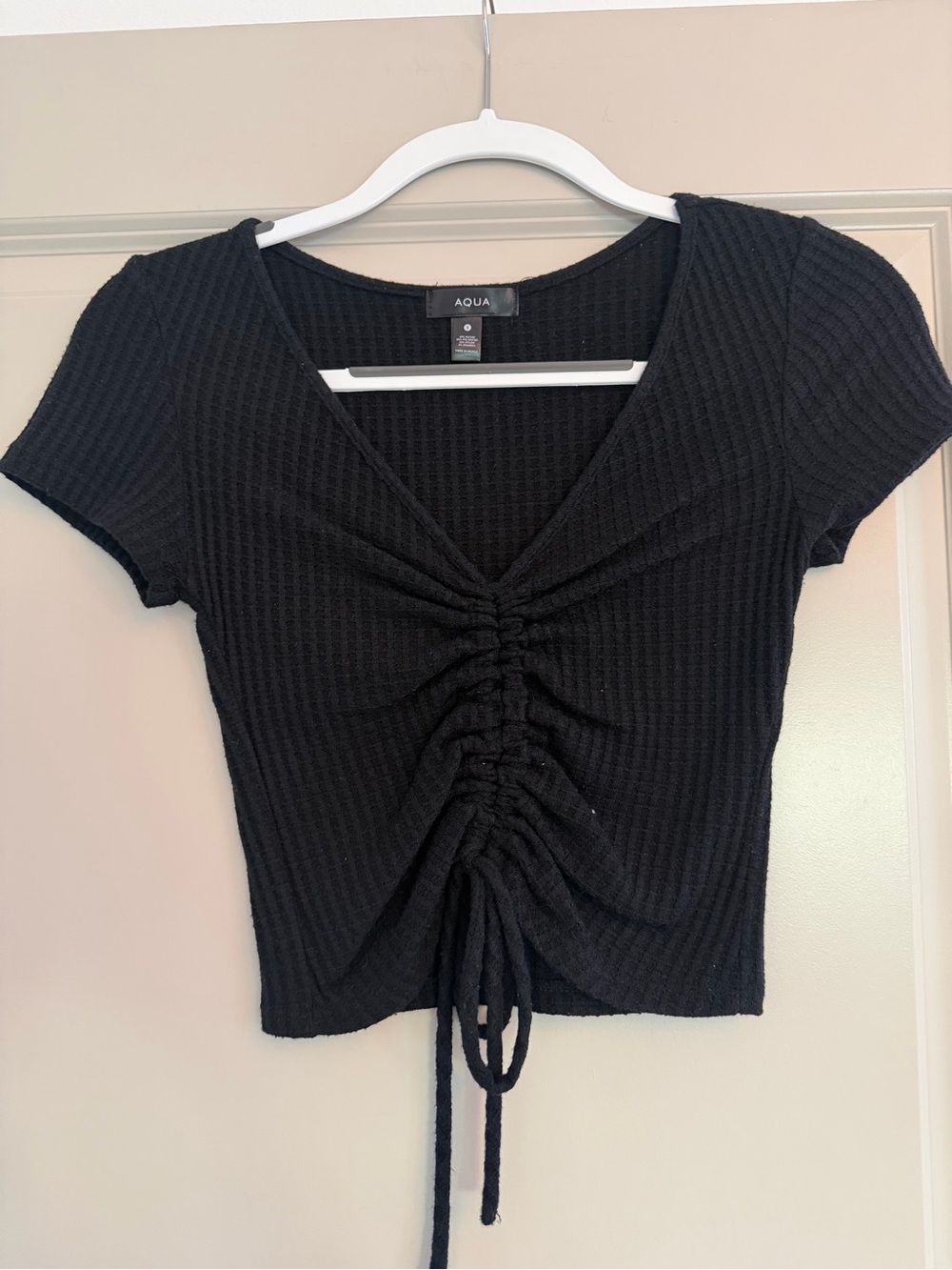 Aqua Black Ribbed Ruched Drawstring Crop Top